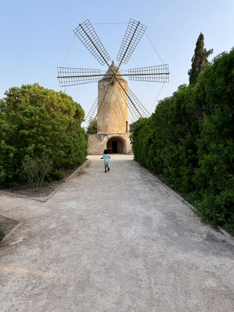 A young child running along a hedge-lined gravel path toward the restored stone windmill on the Zoëtry grounds