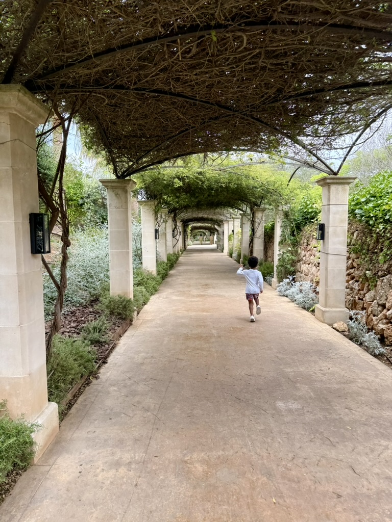 A young child running down a long vine-covered pergola walkway with stone columns on the Zoëtry estate