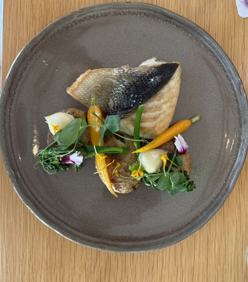 Plated fillet of fish with crisp skin, baby carrots, potatoes and edible flowers