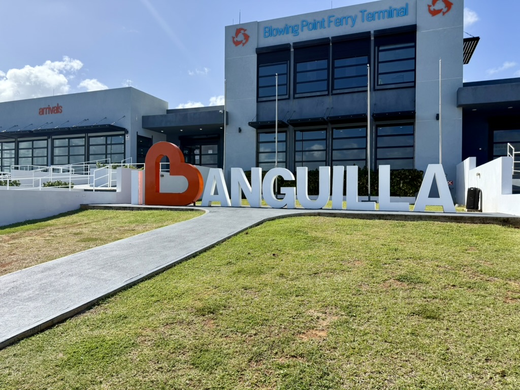 Blowing Point Ferry Terminal with the I Love Anguilla sign out front