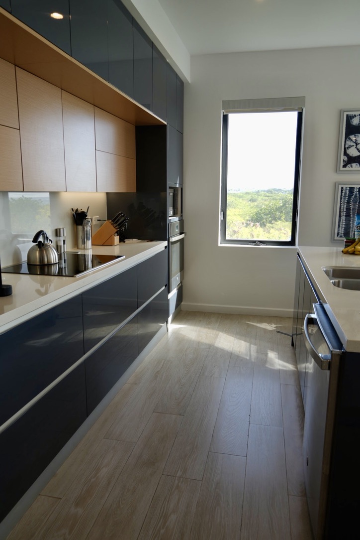 Galley kitchen with navy cabinetry and a window over the greenery