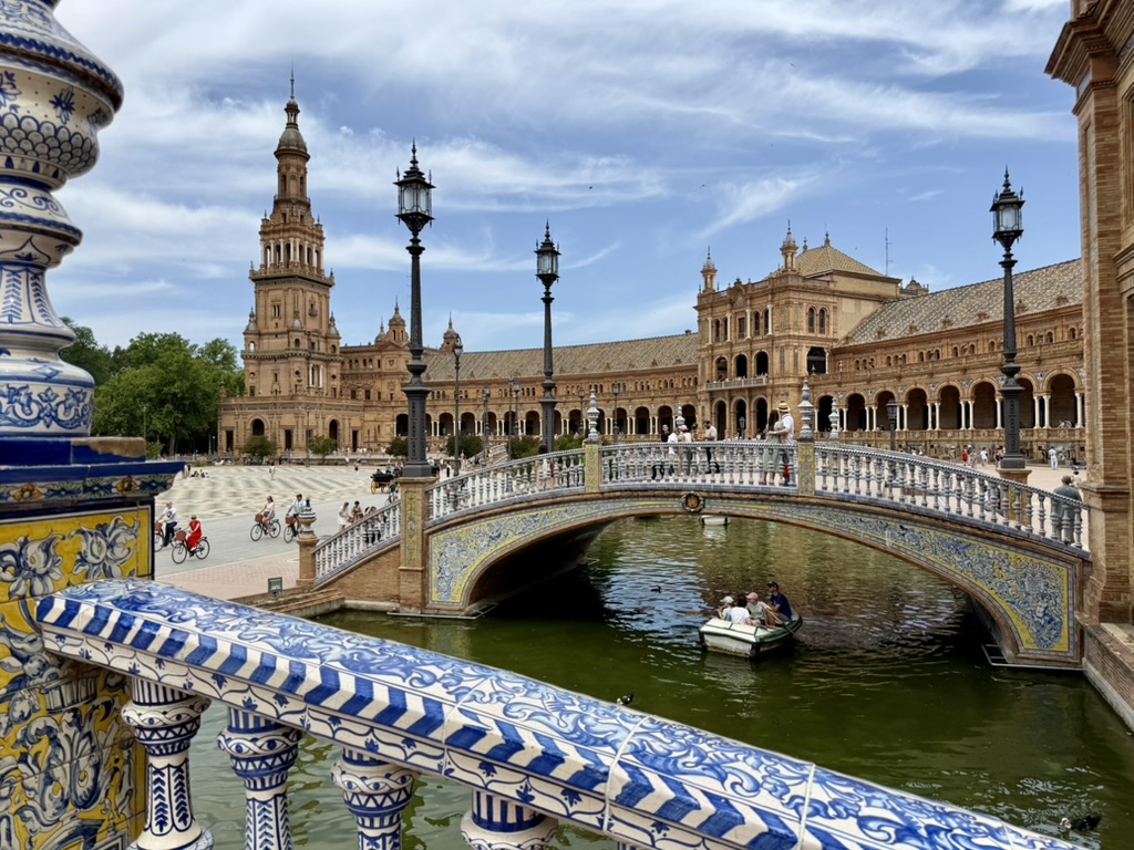 Blue and white tiled bridge and balustrade at Plaza de España in Seville