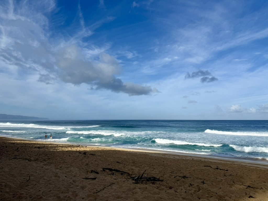 Waves breaking along an empty North Shore beach under a bright blue sky