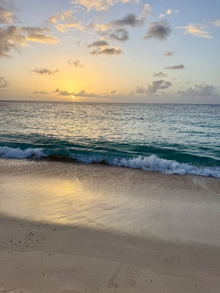 Sun setting over the ocean with a wave breaking on the sand