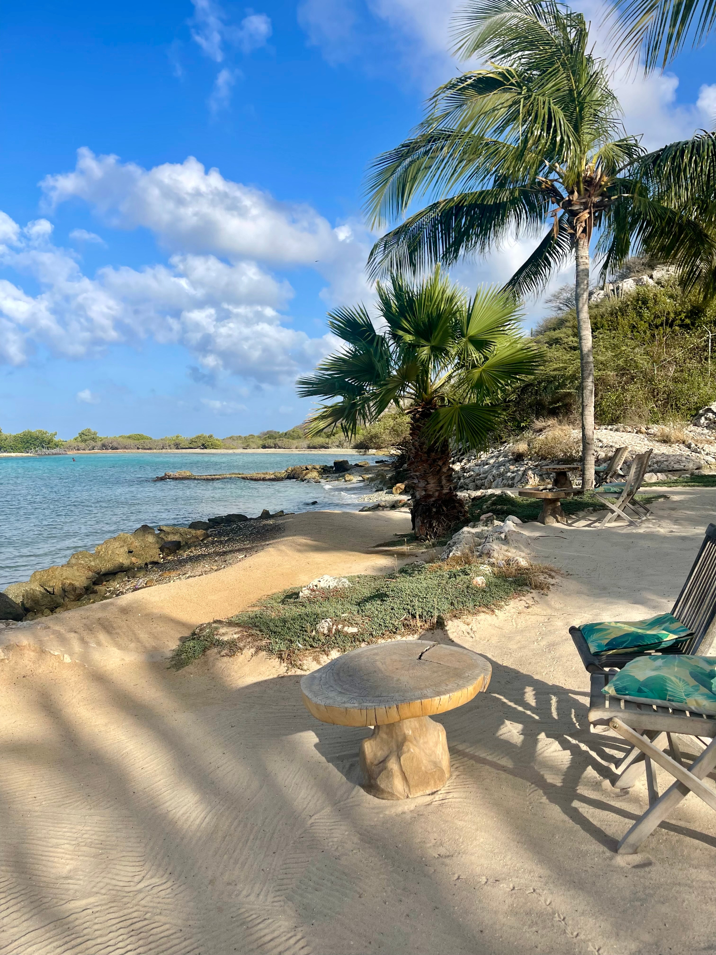 A sandy shoreline in Jan Thiel with palm trees, a wooden table and lounge chairs beside calm turquoise water