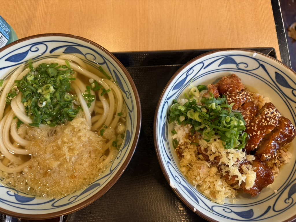 Two bowls of udon and a chicken rice bowl topped with scallions on a tray at Marugame Udon