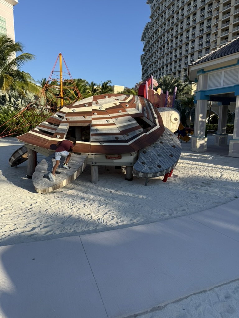 A boy climbing the wooden turtle structure at Sandy K Playground with the resort behind it