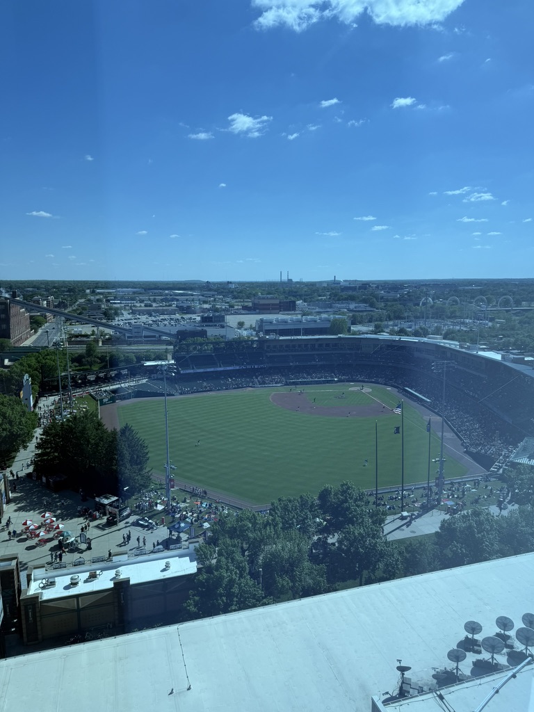 The hotel room view looking down on Victory Field during a baseball game
