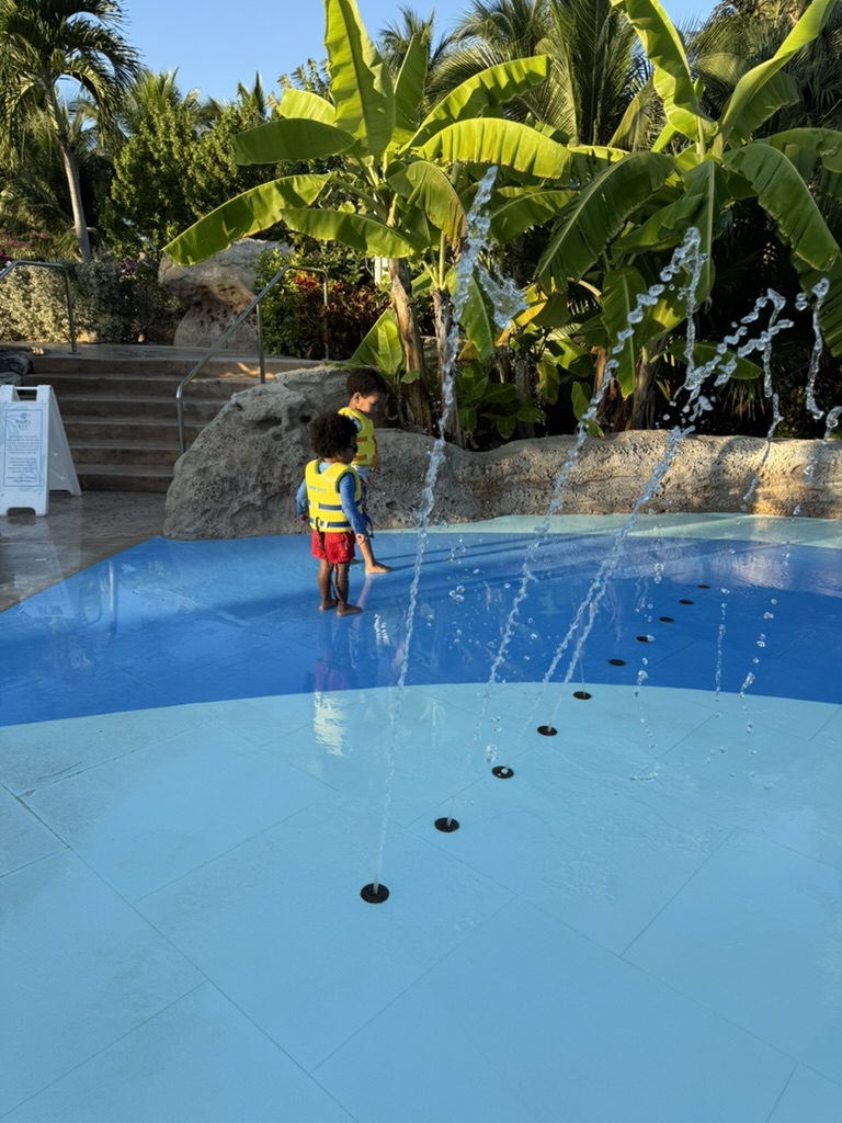 Two boys in life vests standing in a shallow splash pad with water jets and palm trees